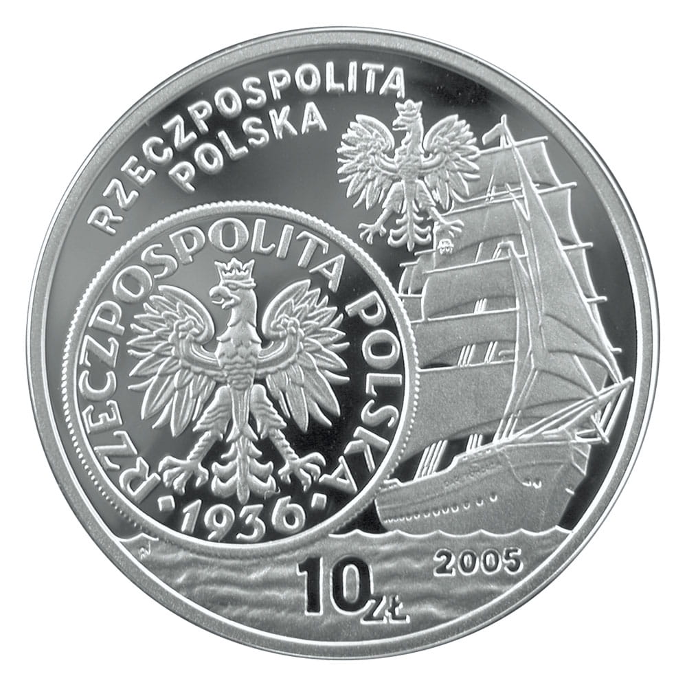 10 zł Dzieje złotego: Żaglowiec (2 zł i 5 zł z 1936 r.)